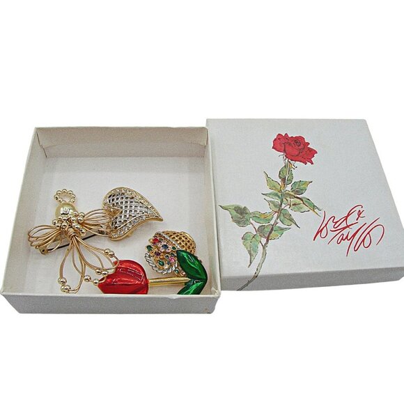 Lot 4 Vintage Brooches Angel Enamel Flower Rhinestone Basket and Heart Gold Tone - Picture 11 of 11